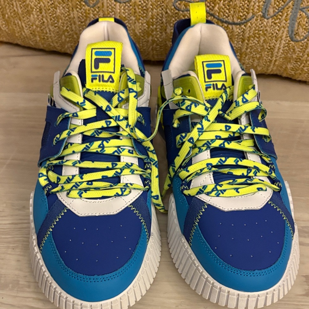#168 Fila Men’s Sneakers in Blue and Neon Yellow sz 11 - Picture 1 of 6